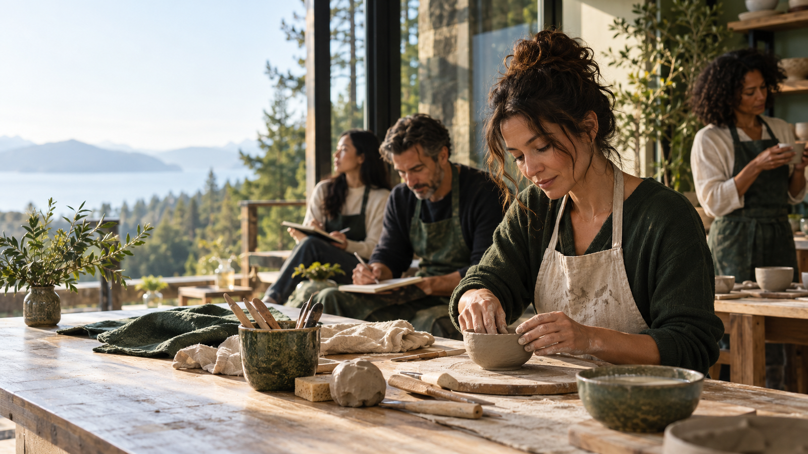 Home creative retreats for burned-out professionals at a sunlit beginner ceramics workshop