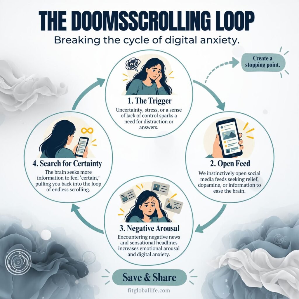 Stop doomscrolling infographic showing the trigger, feed, stress and uncertainty loop