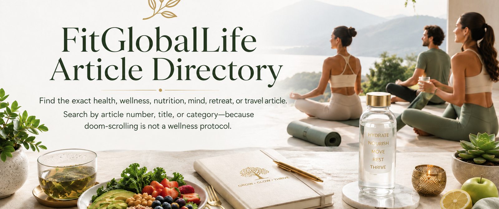 FitGlobalLife Article Directory banner with wellness lifestyle scene, healthy food, journal, water bottle, and people meditating by a mountain view.